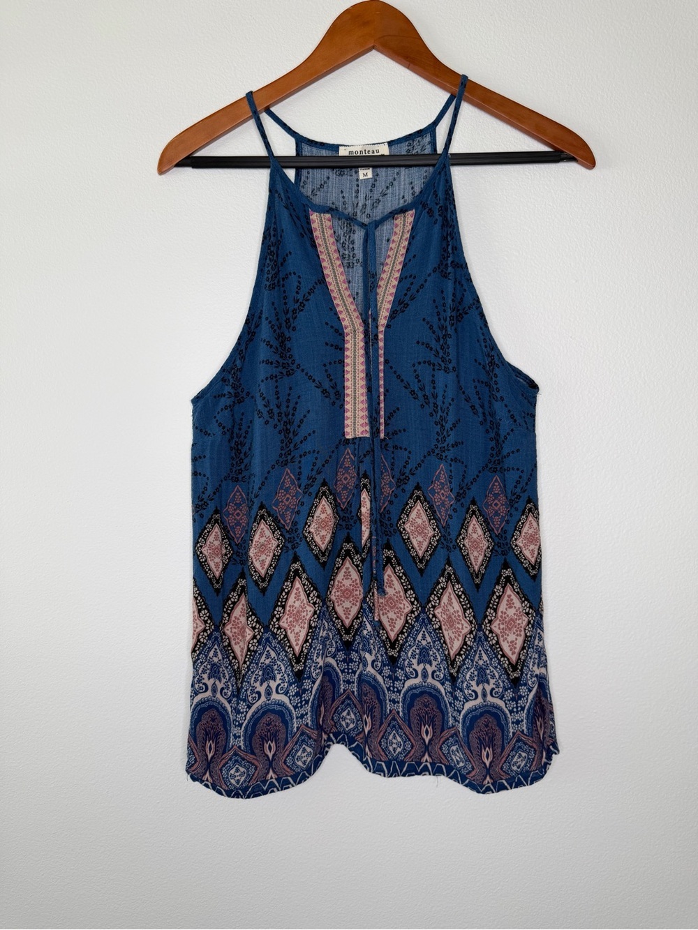 Monteau Los Angeles Boho Halter Tank Top Medium Blue Printed Flowy Festival - Picture 2 of 8